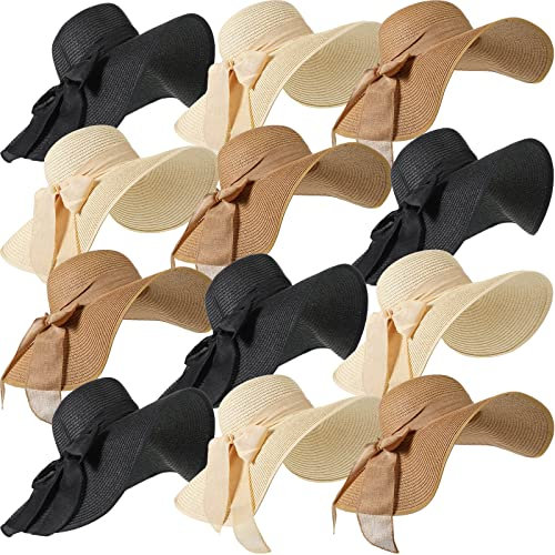 12 PCS Women's Wide Brim Straw Hats Floppy Sun Hat, Classic Color, Floppy