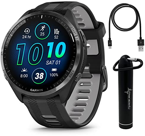Wearable4U - Garmin Forerunner 965 Premium GPS Running and Triathlon 47mm Smartwatch with AMOLED Touchscreen Display, Carbon Gray DLC Titanium Bezel with Black Silicone Band with E-Bank Bundle
