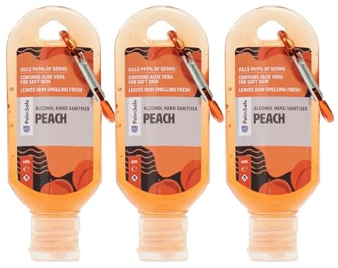 Palm Safe Peach 3 Pack 60ml Anti Bacterial Premium Hand Sanitiser Travel Size Refillable Clip Bottle Quick Drying Non Sticky Extra Moisturising Kills 99.9% of Viruses and Bacteria