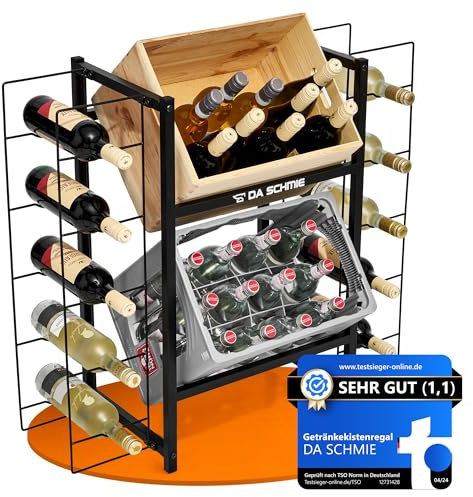 DA SCHMIE Getränkekistenregal Weinhalter für 10 Weinflaschen und 2 Getränkekisten Pfandflaschenhalter Weinregal Küchen Flaschen Kasten Regal Schwarz aus Metall