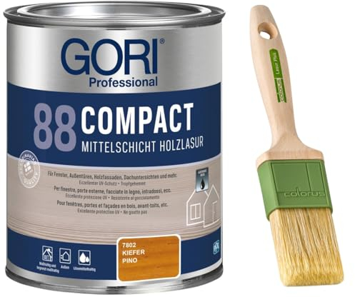 GORI 88 Premium Holzschutz Lasur 0,75 Liter, für außen + Profi Pinsel Lasur Plus 50 mm (Kiefer)