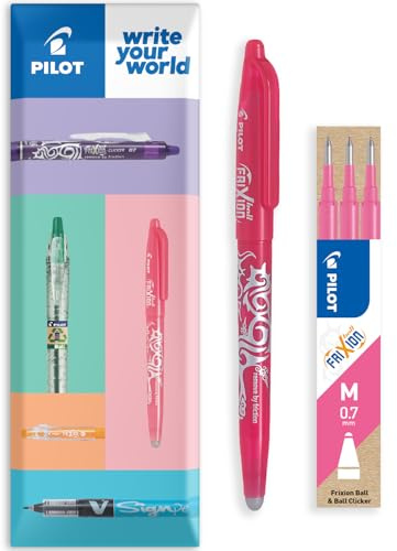 PILOT Frixion hitze-/reibungslöschbarer Tintenroller FR7 - mittlere Linie 0,7 mm Spitze - im Umschlag Geschenkverpackung - Packung mit 1 Stift + 3 Nachfüllminen (Rosa)