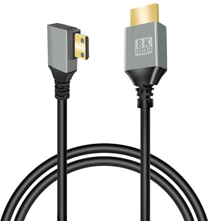 GELRHONR 8K Câble Mini HDTV vers HDTV, mini mâle vers mâle 48 Gbps Prise en charge 8K@60Hz Video4K@144Hz pour appareil photo, caméscope (1M Right Angle)