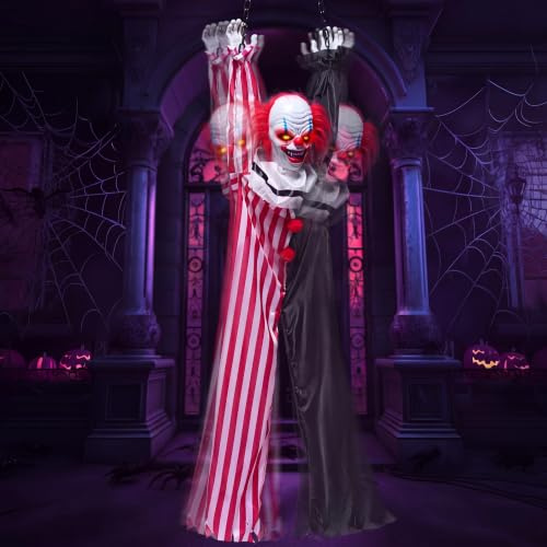 JOYIN Halloween Hängender Clown Animatronics Dekoration mit Kette, 165,1 cm Gruseliger Clown mit Bewegung und Licht & Sound (Sound aktiviert), animierte Dekoration für Hof, Garten, Outdoor,