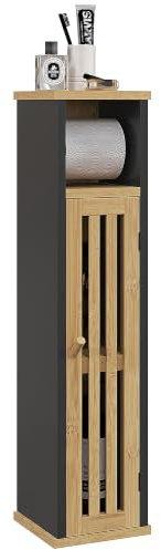 HOMCOM Meuble de Salle de Bain avec Support Papier Toilette Bambou MDF Noir | Rangement avec Barre Amovible, 2 Niveaux, Sortie Papier,