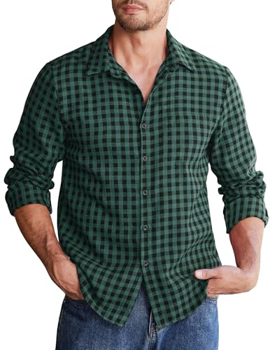 COOFANDY - Camicie a quadri da uomo, a maniche lunghe, in flanella, vestibilità normale, con bottoni, casual, a quadri, per esterni, Nero-verde., XXL