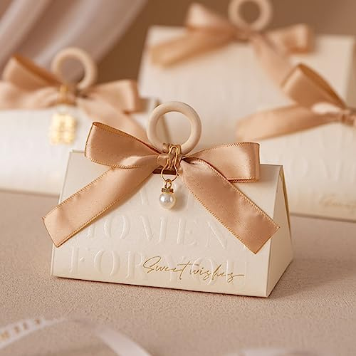 ZJSXINDI Geschenkboxen, Geschenkboxen, hellbeige, 12,7 x 7,6 cm, für Gastgeschenke, Hochzeiten, Brautpartys, Brautjungfern, Geschenkpapierboxen zum Basteln (50 Stück Champagnerbänder)