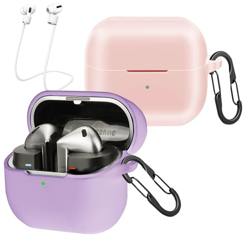 [Confezione da 2] easyBee Cover Custodia in Silicone Compatibile con Samsung Galaxy Buds3 FE/Galaxy Buds 3 / Galaxy Buds 3 Pro Cuffie Bluetooth e 2 Moschettone Portachiavi Cinturino - Viola e Rosa