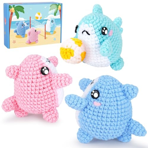 Fortuning's JDS Learning Crochet Kit for Beginners, Kit Crochet Beginners with Instructions Crocheting Complete Shark w/Ball Knitting Kits Crocheted Starter Kits Set 3pcs Knitting Learning Kits
