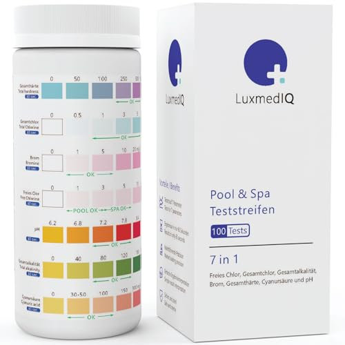 100x LuxmedIQ 7-in-1 Pool und Spa Teststreifen - Trinkwasser und Whirlpool Teststreifen - Schwimmbad Wassertester pH Wert, freiem Chlor, Gesamtchlor, Brom, Gesamthärte, Gesamtalkalität & Cyanursäure