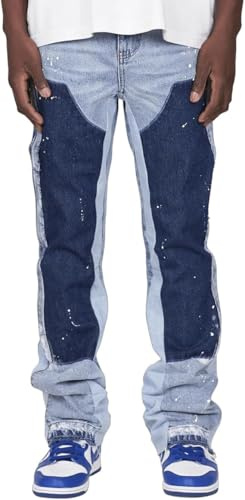 Vivoofchic ausgestellte Streetwear Denim Hosen mit Tintenspritz Design, Patchwork und Taschen Bootcut Baggy Casual Hosen im Hip Hop Cowboy Stil（Blau M）