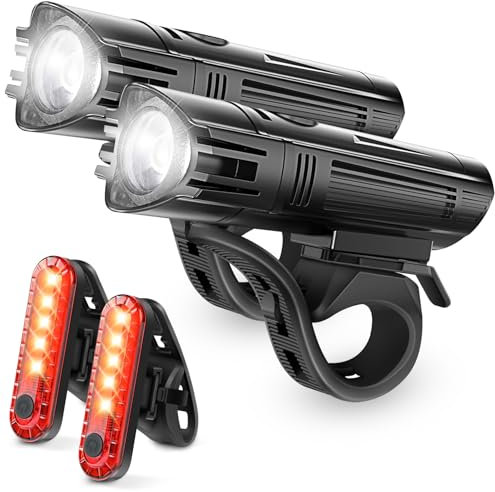 Defurhome Super Bright Bike Light Set, Powerful LED USB Rechargeable Front Headlight and Back Taillight, 2000mah Lithium Battery, Waterproof, 4 Lighting Modes Mountain Road Bicycle Lights(2 Pack)
