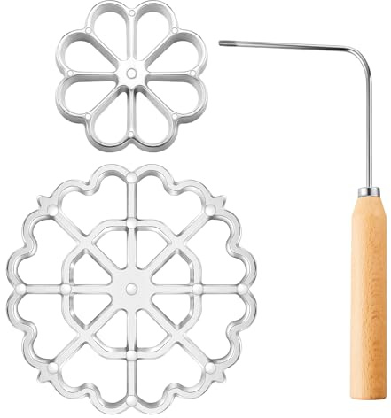 Teenyyou 3 Pcs Bunuelos Mold with Handle Aluminum Achappam Mold Rosette Maker Kit Cookie Cake Tool Cast Waffle Rosette Iron Set Cooking Stamp Maker Kit for Kitchen Baking Housewares (Wood)
