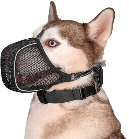 Arblina Hund Maulkorb, Weiches Netz Atmungsaktiv Maulkorb für Kleine, Mittlere, Große Hunde, Anti-Rutsch Verstellbar Maulkörbe mit DREI Riemen & Licht-Reflektierende Einfädeln, Schwarz, L