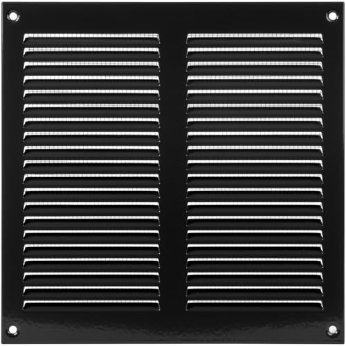 Vent Systems 200 x 200 mm / 8 x 8 Inch Vent Cover - Black Galvanised Metal Vent Cover - Air Supply Ventilation Cover with Screen Mesh - Louvered HVAC Air Vent Covers for Bathroom, Home Office