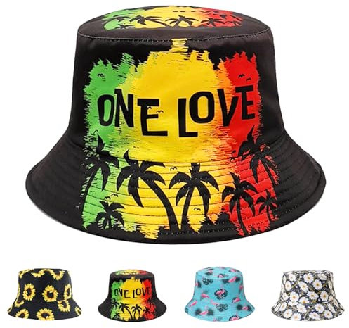 AUNGSHE Fischerhut, Sonnenhut, Bucket Hat Damen Herren, Beidseitig Tragen Fischerhüte, Retro Outdoor-Anglerhut Faltbar Buschhut für Wandern Camping Urlaub(Kokosnussbaum)