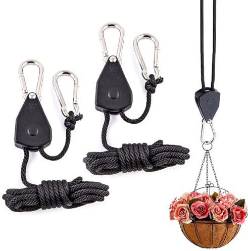 SIRLOMU 2 pièces Corde à cliquet, Réglables, Poulie Retractable avec Enrouleur et Sangle Plantes et Lampes, Pots de Jardinage, Chaque porte 68 Kg, version en aluminium pressé (2 mètres, 1/8 pouce)