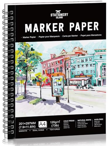 STATIONERY ISLAND Marker Paper A4 60 Sheets 73lb/120g Premium Bleedproof Drawing Paper Spiral Sketch Book Painting Coloring Art Sketch Pad for Alcohol Markers, Pens
