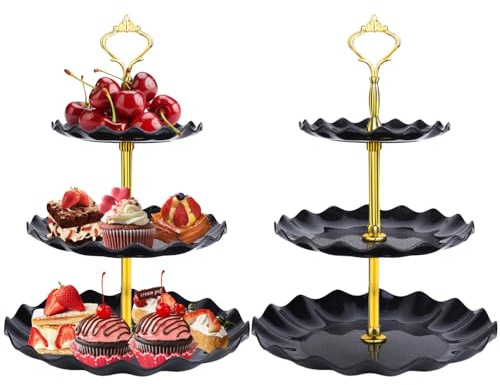 Zouboto 3 Tiers Cake Display Stand,2PCS Afternoon Tea Stands,Cupcake Stand,Cup Cake Fruit Dessert Party Server Plates Stands,Reusable Food Serving Platter Stand for Birthday,Wedding,Party (Black)
