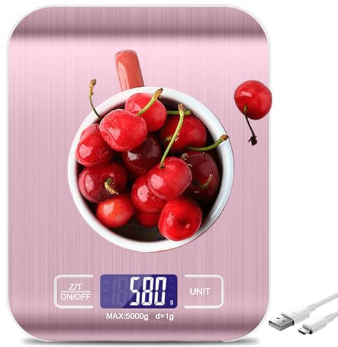 Báscula de cocina digital: 10 kg/1 g, báscula de cocina digital recargable por USB, con pantalla LCD y función de tara, báscula de cocina profesional multifunción con cable de carga (rosa)