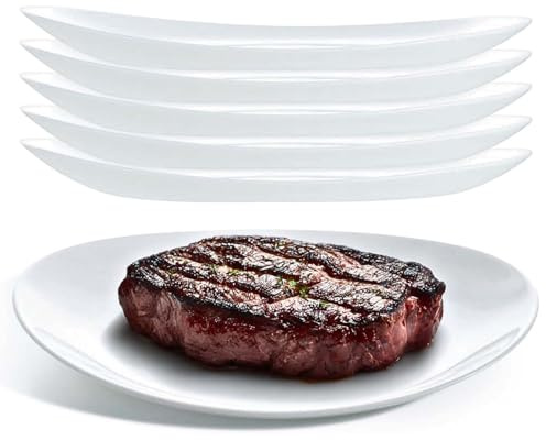 UNIQUE HOME LIVING 30cm Serving Platters/Steak Plates Set of 6, Stylish Oval Shape Serving Plate for Dinner/Steak/Salad, White Opal Glass Dinnerware Set, Microwave & Dishwasher Safe