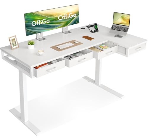 OffiGo L Shaped Electric Standing Desk with 4 Drawers, 160×80cm, White