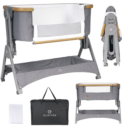 Olmitos - Minicuna de Colecho Stella – Cuna Bebé 2 en 1 Desde el Nacimiento, Altura Ajustable, Lateral Abatible, Incluye Edredón y Bajera - con mosquitera (Gris)
