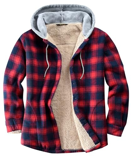 Derbars Veste chemise en flanelle doublée Sherpa pour femme - Veste en coton polaire à carreaux avec capuche, Rouge, Large
