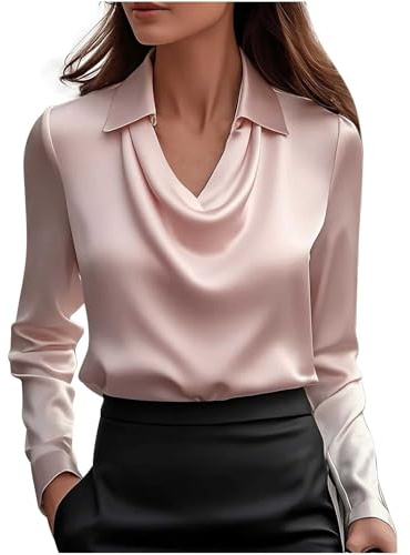 Camicia Donna Elegante Unicolore Girocollo Maniche Lunghe Camicia con Bottoni a Maniche Lunga in Tinta Unita Leggera e Comoda per Autunno Camicetta da Donna alla Moda Lavoro Tops
