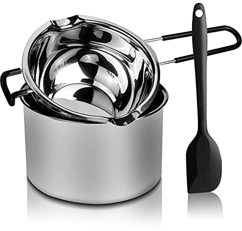 Double Boiler Pot Set - Stainless Steel Melting Pots for Chocolate, Soap, Wax & Candle Making with Silicone Spatula