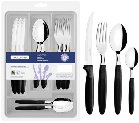 Tramontina Juego de Cubiertos de acero inoxidable, Ipanema, color negro, 25 piezas
