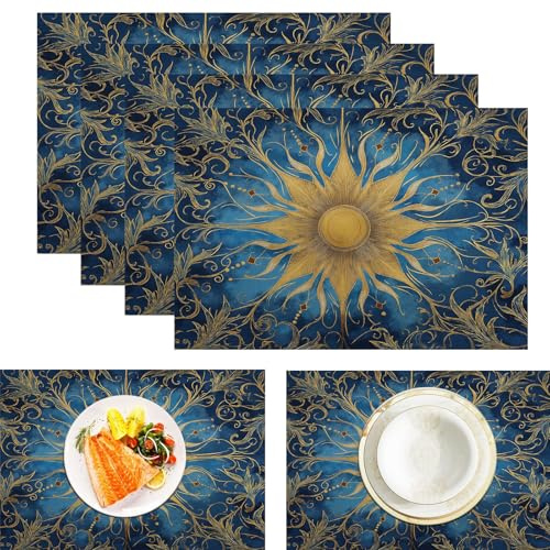 Golden Sun Vine Placemats Set of 6 Washable Table Placemat Retro Boho Wipeable Heat Resistant Place Mats Dining Table Mats for Restaurants Kitchen Tables Decor 45x30cm, Blue