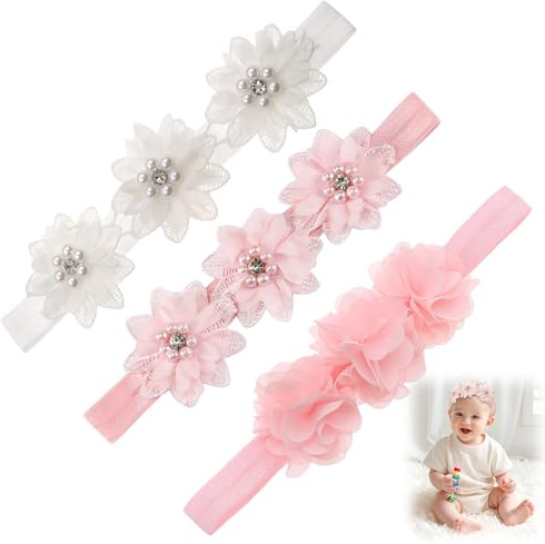 3-pack Hårband för Babyflickor, Nyföddshårband med Rosa Pärlblommor, Vita Pärlblommor & Rosa Hårband med 3 Blommor, Mjuka Elastiska Håraccessoarer för Bebisar, Småbarn, Blomsterflickor