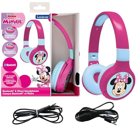 Lexibook - Disney Junior Minnie - Auricolare Bluetooth e via cavo 2 in 1 con microfono e pulsante di controllo, batteria ricaricabile a lunga durata HPBT010MNLXB