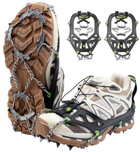 Qunature Grödel Steigeisen für Bergschuhe mit Tasche, Anti-Rutsch Schuhspikes mit 22 Edelstahlspikes für Mann Frau Winter Eisspikes Wandern Trailrunning Eisangeln, Schwarz Grün M