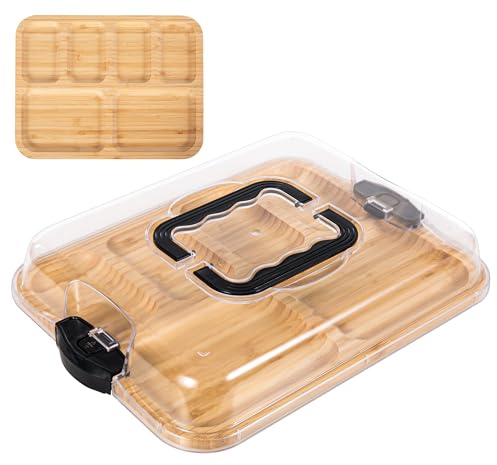 Vencier Bamboo Snack Serving Tray with Lid & Handle – 6-Compartment Bamboo Food Storage Platter for Picnic, Party Travel Eco-Friendly Charcuterie Board with Clear Cover for Fruit, Cheese, Nuts & Snack