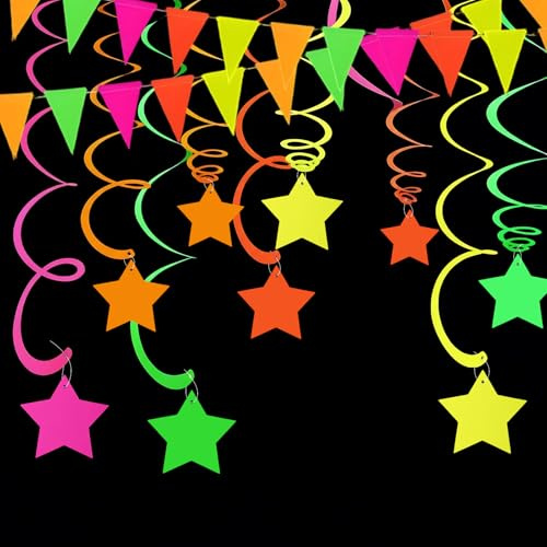 11 Stück Neon Girlanden Silvester,UV Glow Party Girlande,Schwarzlicht Partydeko,Neon Deko Wimpelkette und Hängende Spiralsterne Girlande für Geburtstage, Hochzeiten und Glow-Partys