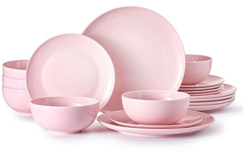 HIKAA Geschirrset 6 Personen, 18-Teiligs Knochenporzellan Geschirr Set, Teller Set Mikrowellen und Spülmaschinenfest, Tafelservice für Zuhause, Hochzeiten, Kombiservice Leicht und Langlebig (Rosa)