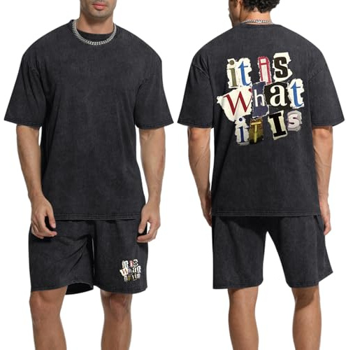 Zoemghc Men's 2 Piece Short Sets Vintage Graphic Letter Print Washed Short Sleeve T Shirts and Drawstring Shorts Set(Black,L)