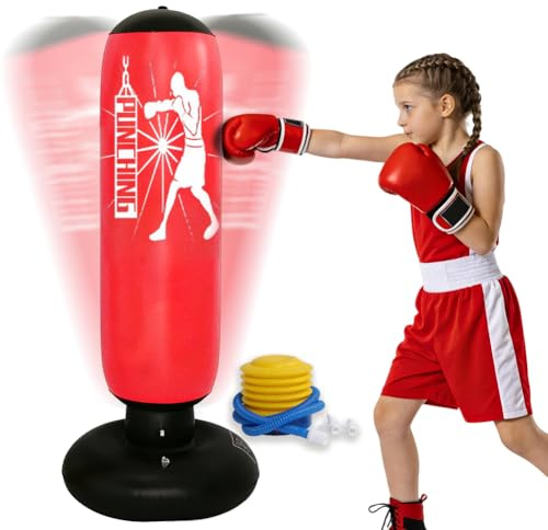 Sac de frappe sur pied pour enfants de 160 cm, sac de frappe gonflable avec pompe à air, sac de frappe debout pour garçons et filles à partir de 6 ans, pour l'entraînement de MMA, d'arts martiaux et