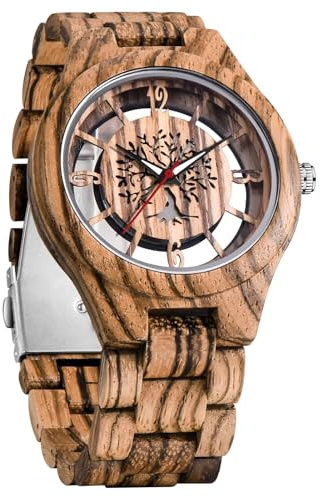 Tiong Herren Holzuhr Holz Bambus Invertierte Geometrische Herrenuhren Analoge Quarzuhr für Männer Handgemachte Holzuhren