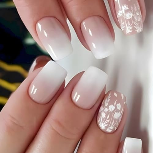 Ceboic 24 Pièces Faux Ongles Court Carré, French Press on Nails, Blanc Nude Dégradé Naturel Gel Ongles à Coller, Printemps Été Floral Acrylique Faux Ongles Autocollants pour Femmes Filles Manucure