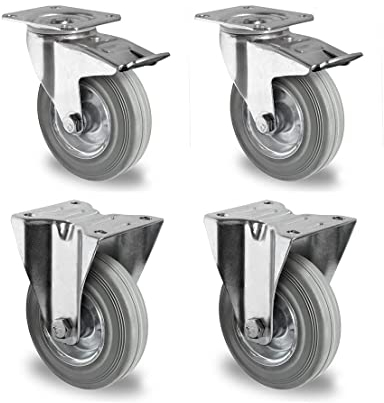 Rollensatz 2 Lenkrollen mit Feststeller + 2 Bockrollen 80 mm Vollgummi grau mit Stahlfelge