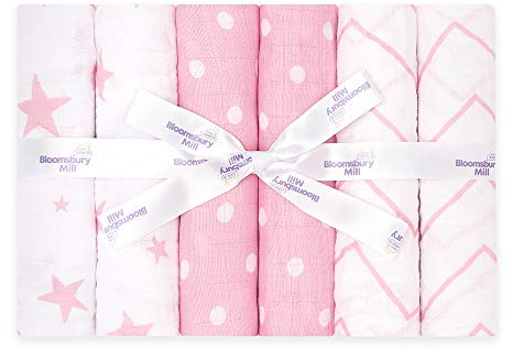 Bloomsbury Mill – Mulltücher Baby - 6er Pack 70x70cm - Spucktücher Baby aus 100% Reine Bio Baumwolle Musselin - Saugfähig, Atmungsaktiv Musselin Decke für Neugeborenen - Musselintücher - Rosa & Weiß