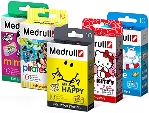 MEDRULL N50 Wasserfest Pflaster für Kinder - Bunte Tattoo Pflaster Hautfreundlich, Wasserabweisend, Steril 25 x 57 mm SET - 5 x 10 Pflaster