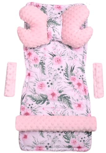 Medi Partners Funda Silla Paseo Verano Colchoneta Universal Carro Bebe Coche Colchón Capazo Saco para Carrito Protector Cochecito Sillas Fundas Cover (Flores con rosa Minky)