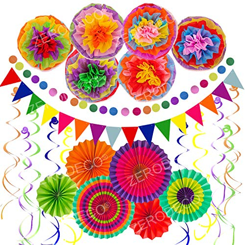 ZERODECO Party Dekoration Papier Pompoms, Aufhängen Fächer, Dreieckige Wimpel und hängende Glitter Punkt Girlande Dekorpapier für Party Hochzeit Geburtstag Festival Weihnachten Event Karneval