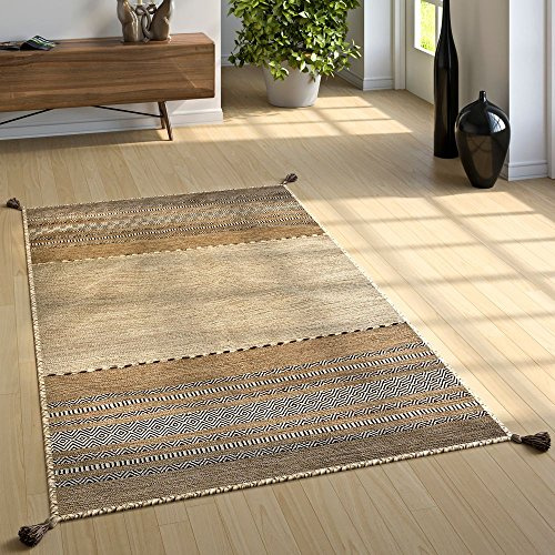 Paco Home Matta Vardagsrum Natur Matta m. Fransar, Handvävt Mönster Kelim, 100% Bomull, Storlek:160x220 cm, Färg:Beige