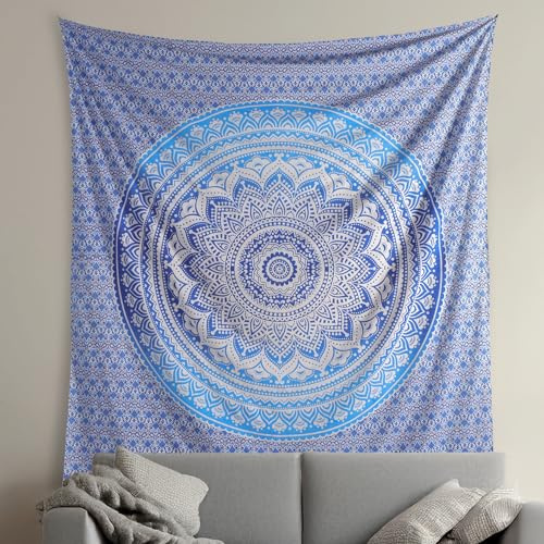 THE ART BOX Indie Wandteppich Baumwolle Mandala Wandbehang Deko Teppich Aesthetic Room Decor Dekoration Wandtuch/Strandtuch Wohnzimmer Indische Tücher Schlafzimmer, Blau und Weiß,135x160 Cm
