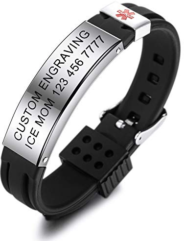 MOWOM Medical Braccialetto Personalizzato con Incisione in Silicone identificativo Regolabile per Uomo Donna Bambini in Acciaio Inossidabile Gomma- (Pacchetto con Carta di Emergenza, Supporto)